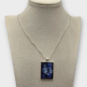 Blue Swirl Glass Pendant Necklace Silver Tone Artisan Modern Abstract